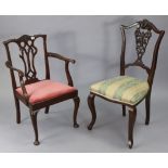 A mahogany splat-back child’s carver dining chair, with padded drop-in seat & on slender cabriole