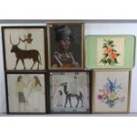 Six various decorative pictures, including three Egyptian textiles, each in glazed frame; & a floral
