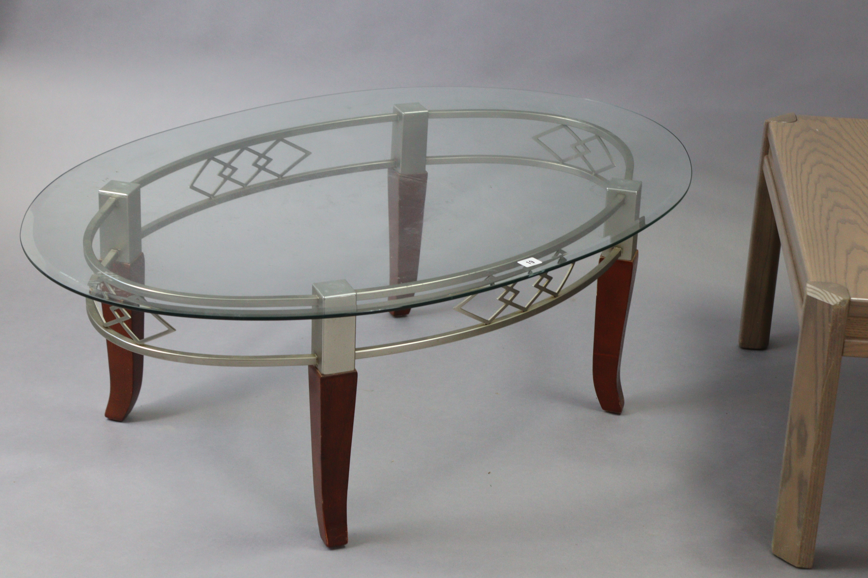 A silvered-metal low coffee table on four short cabriole legs & with bevelled tempered-glass top, - Image 2 of 2