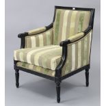 A regency-style ebonised frame square-back armchair upholstered multi-coloured striped material, &