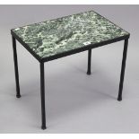 A small cast-iron rectangular coffee table on four square legs & inset green marble top, 18¼” wide x