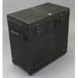 A late 19th/early 20th century black-fibre covered plate-chest with hinged lift-lid & with leather