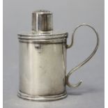 A Scottish George III silver pounce pot of plain cylindrical form with scroll handle, the pull-off