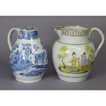 An early 19th century pearlware bulbous jug, painted in colours with Chinese figures in a garden