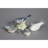 Four Royal Copenhagen porcelain animal figures: mouse on sugar (model 510, 1½”), Flycatcher (model
