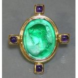 An Elizabeth Locke 18K brooch set oval Venetian green glass cameo of a classical female bust, four