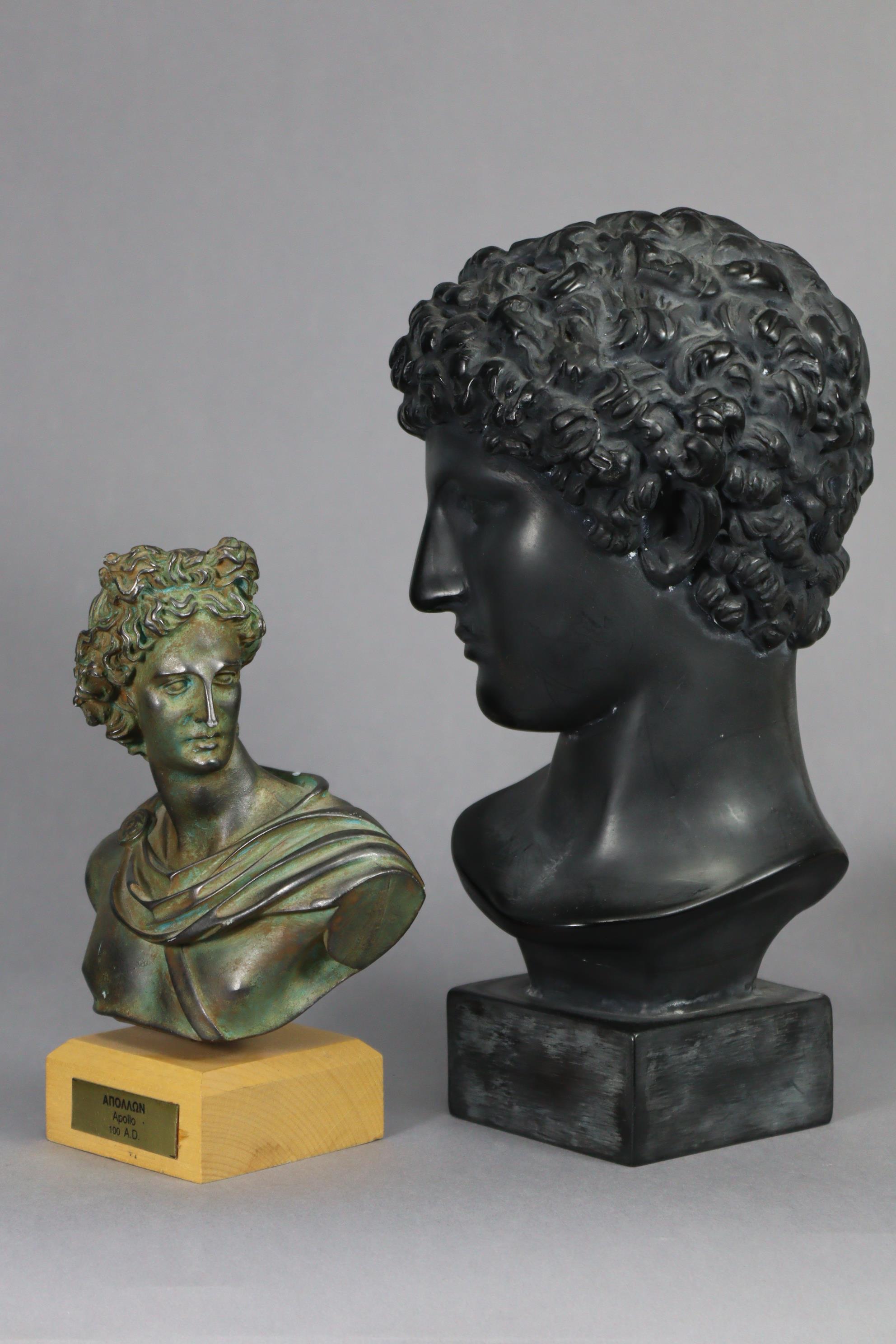 An ebonised resin bust of Antinous, on square base, 12” high; a bronzed composition bust of Apollo - Image 2 of 5