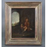 DUTCH SCHOOL. A young man with basket of eggs, resting in an alcove, figures & hills beyond. Oil