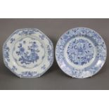 A Chinese blue & white porcelain octagonal 9” plate decorated with a flower garden; & a similar 9”