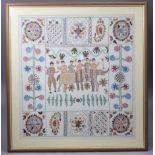 A Kashmiri crewel-work textile panel of cream ground with multicoloured stylised designs, the