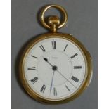 A VICTORIAN 18ct. GOLD GENT’S OPEN-FACE POCKET WATCH with stop-watch function, two-part white enamel