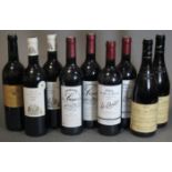 Nine various bottles of vintage red wine, including two bottles of Nyons 2005 Cotes du Rhone, two