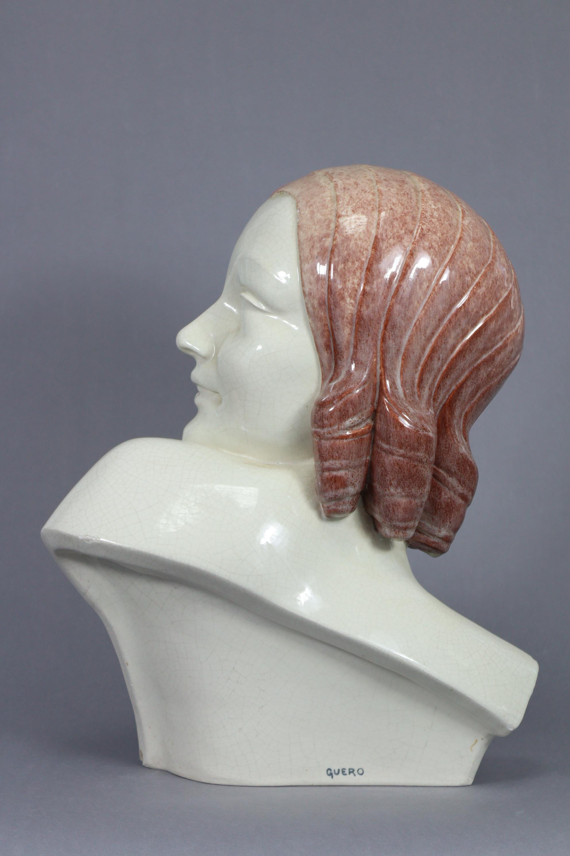 GUERO. An art Deco ceramic bust of a young woman, her head in profile turned to the left, signed - Image 3 of 6