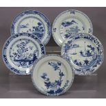 Five various 18th century Chinese blue & white porcelain plates, with landscape, floral, & river
