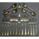 A matched part service of Georgian & Victorian silver Old English Thread flatware comprising: six