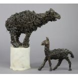 DAVID MAYNE (Contemporary). Two steel sculptures of mammals, one on white marble plinth; 8½” x 7½” &