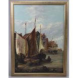 ENGLISH SCHOOL, 19th century. A harbour scene with beached fishing vessels to the fore; signed “M.
