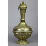 A 19th century Indian brass & pewter-inlaid rosewater bottle with squat round body & tall narrow