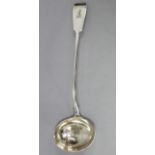 A Victorian silver Fiddle pattern soup ladle with oval bowl & engraved family crest to terminal,
