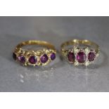 A Victorian yellow metal canetile ring set five graduated amethysts, size: P/Q, weight: 2 gm; & a