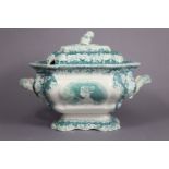 A 19th century Staffordshire pottery large rectangular two-handled soup tureen & cover with green