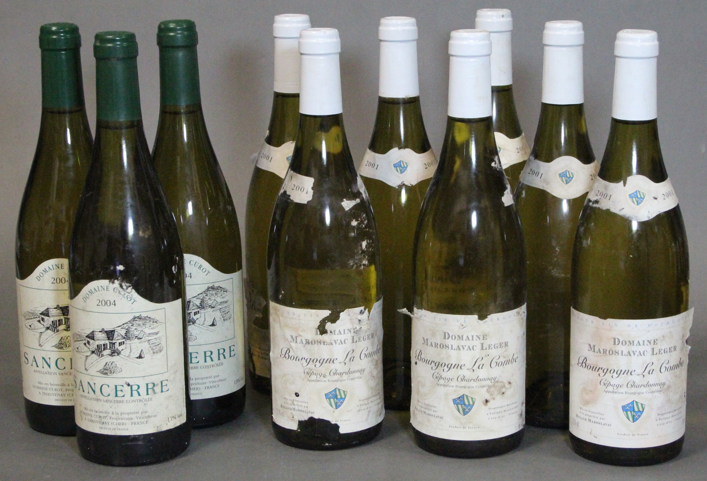 Seven bottles of Bourgogne La Combe 2011 vintage Cepage Chardonnay, Domaine Maroslavac Leger; &