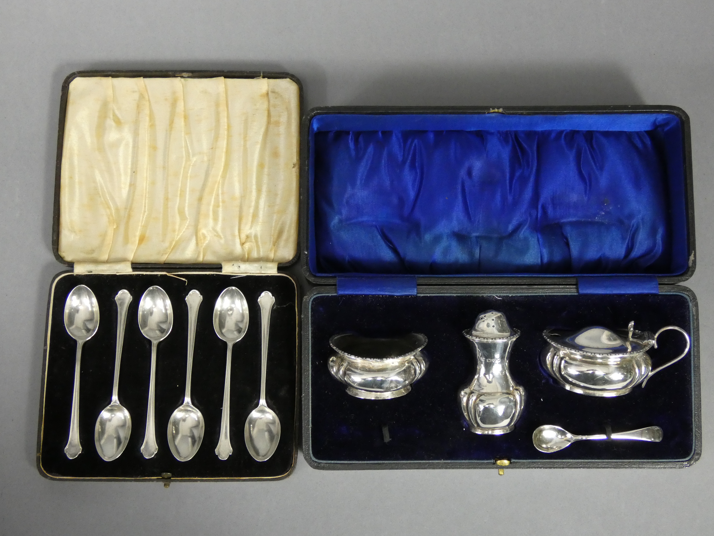 An early 20th century silver three-piece condiment set; Chester 1913 & 14 by George, Nathan, &