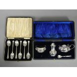 An early 20th century silver three-piece condiment set; Chester 1913 & 14 by George, Nathan, &