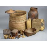 A collection of Australasian & East Asian basket ware, including a large Pandanus collecting bag,