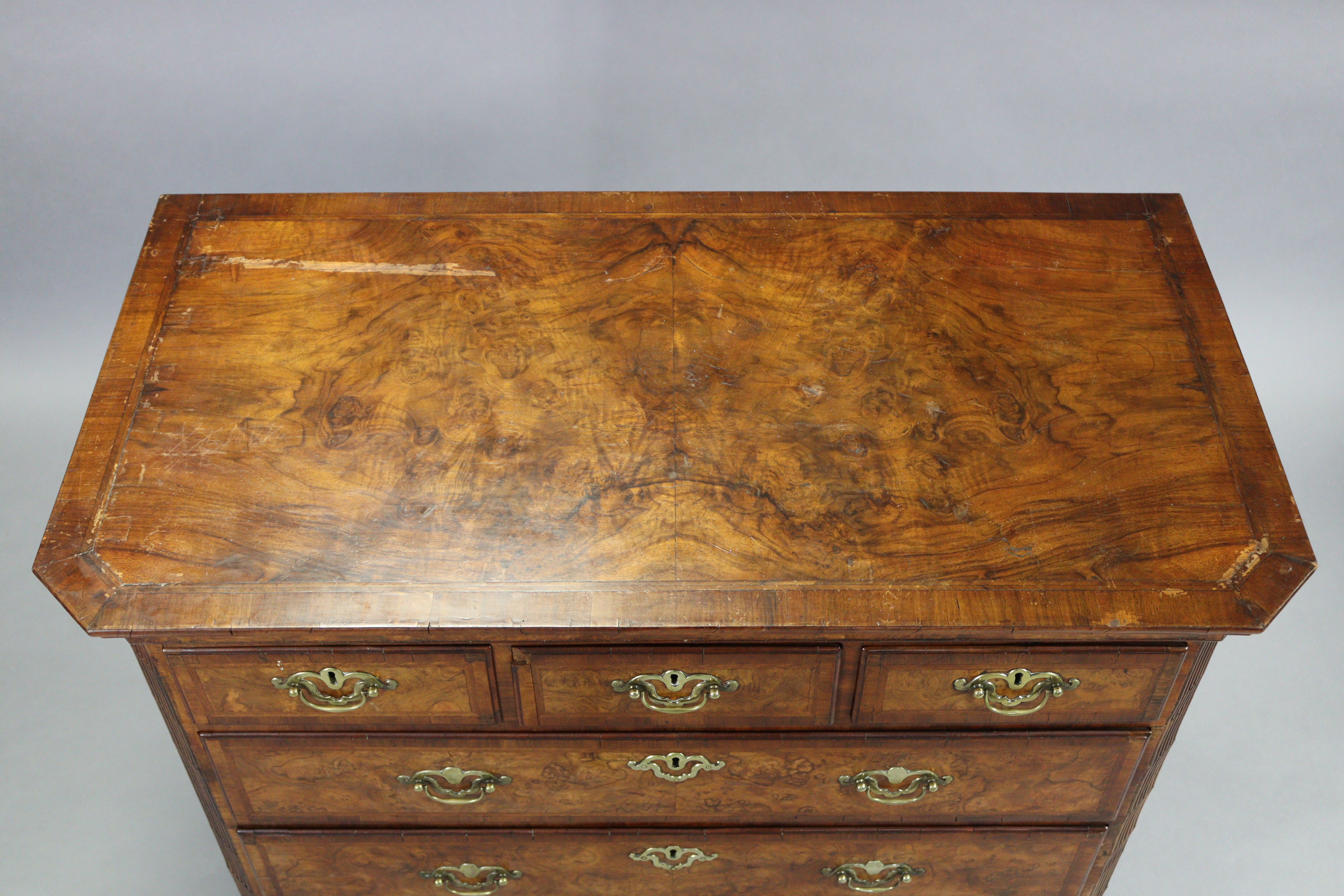 An 18th century burr-walnut & feather-banded chest, with cavetto cornice & canted corners, fitted - Image 2 of 5