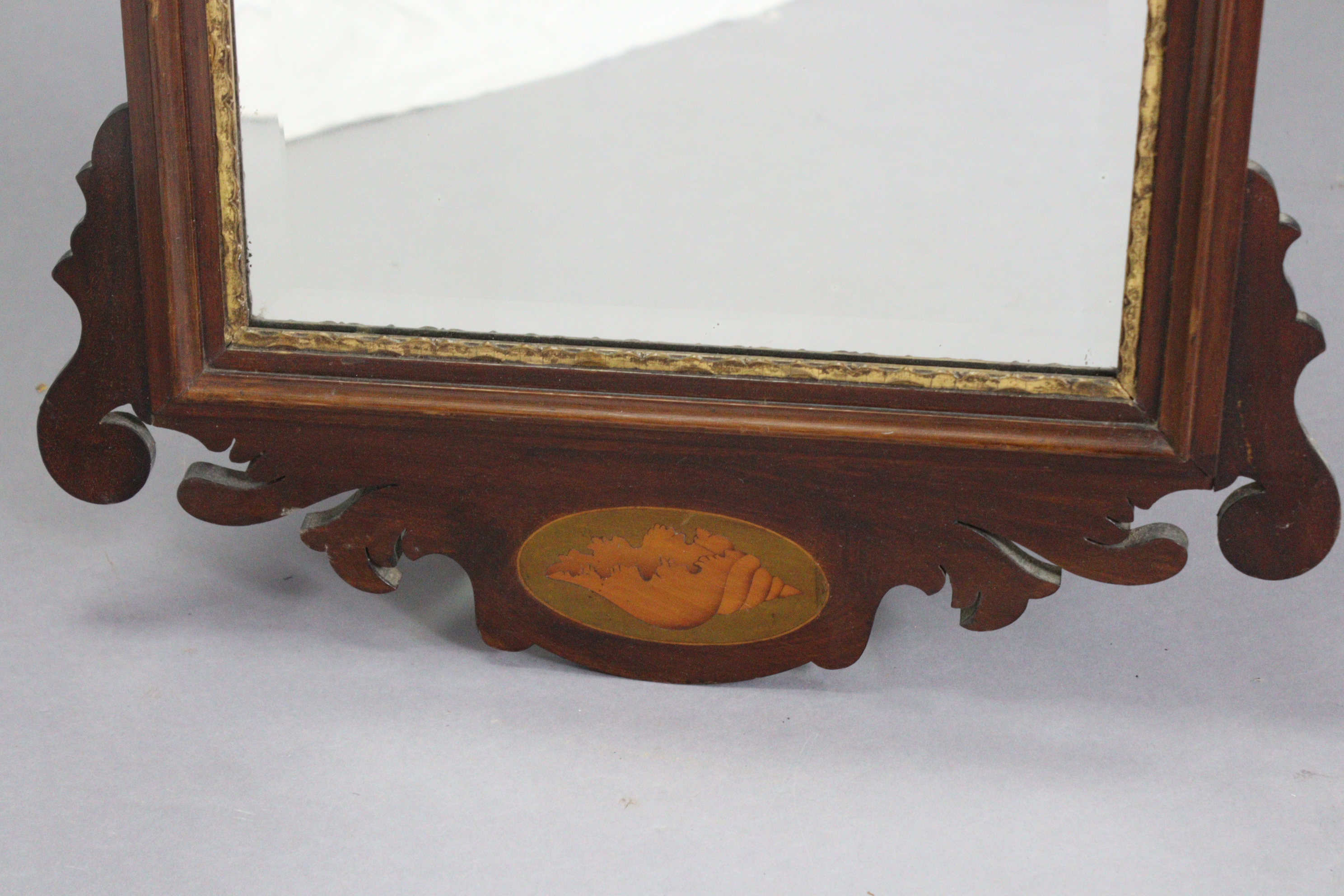 A George II-style rectangular wall mirror in fret-carved mahogany veneered frame with gilt ho-ho - Image 3 of 4
