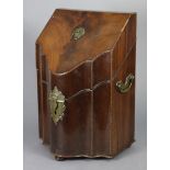 An 18th century mahogany knife box with sloping hinged lid & serpentine front, inlaid fitted