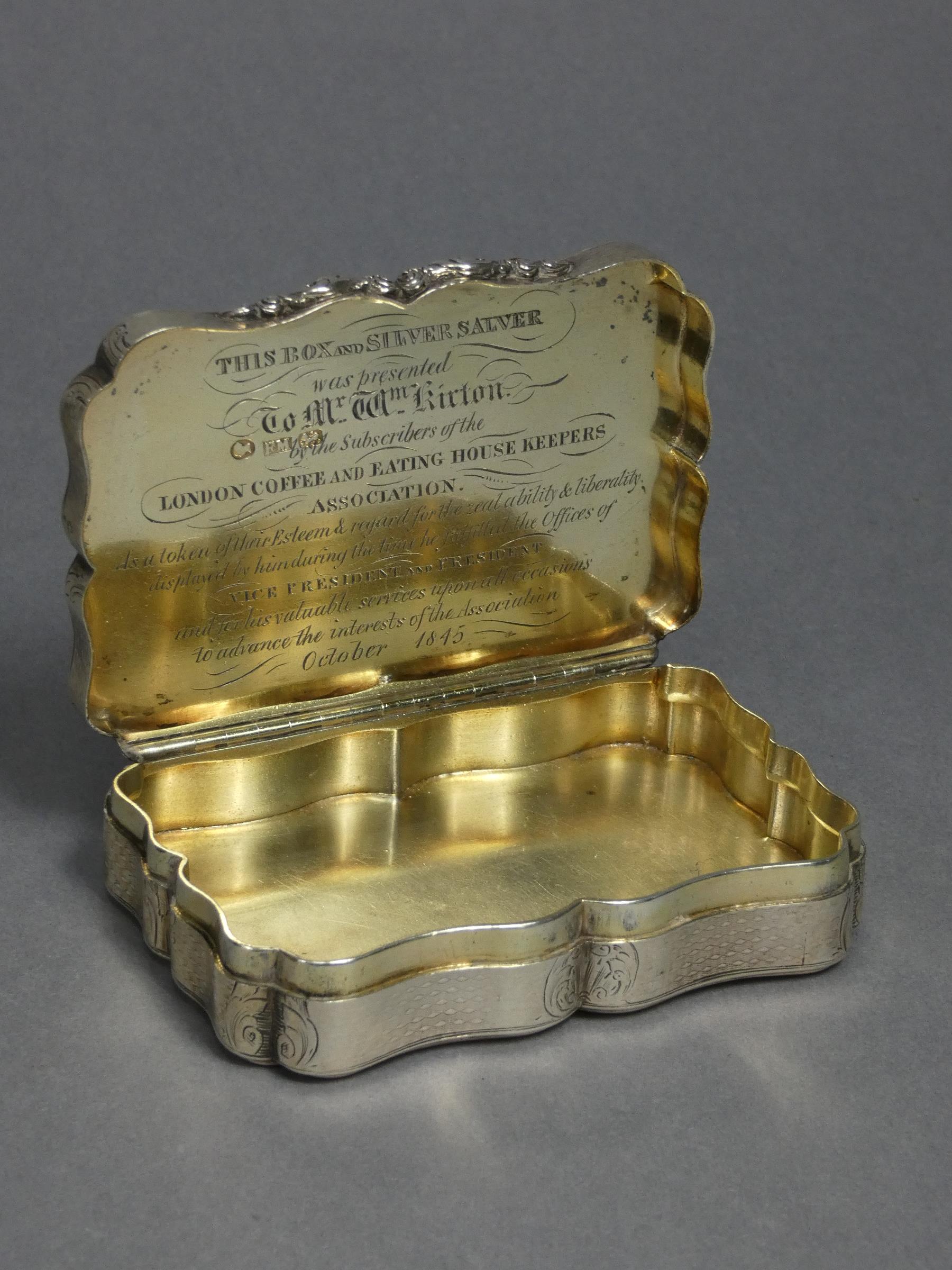 An early Victorian silver presentation large snuff box of rectangular shape with serpentine sides, - Image 2 of 5