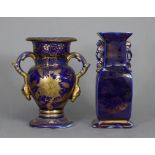 An early 19th century English mazarine blue ground & gilt-decorated two-handled baluster vase, 6¾”