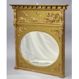 A 19th century gilt gesso frame overmantel mirror with classical figure scene decoration, shell