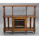 A Victorian inlaid burr-walnut three-tier side cabinet, the open centre with turned supports above a