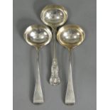 A pair of George I silver Old English sauce ladles with oval bowls & engraved initials S. H. over H.