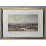 ENGLISH SCHOOL (19th century). A river landscape with figures in a barge, sheep on the bank;