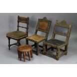 Two African brass-covered hardwood low chairs, a similar chair, & a similar stool.