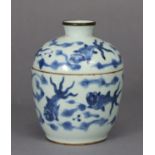 An early 18th century Chinese blue & white porcelain vase & cover of ovoid form, with copper rim