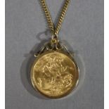 A George V gold sovereign dated 1912, loose-mounted as a pendant in 9ct. gold, & on 9ct. fine-link