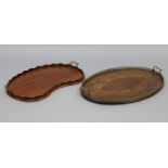 A mahogany oval tray with husk-swag & wheat-ear inlay, pierced brass gallery & brass side handles,