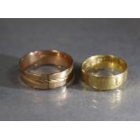 An 18ct. gold engraved band, size: J/K, weight: 2.6 gm.; & an engraved 14K band, size: R, weight: