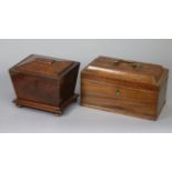 A 19th century mahogany two-division tea caddy of sarcophagus form, on bun feet, 6¾” wide x 5¾” high