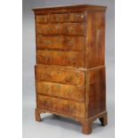 A GEORGE II FIGURED WALNUT & OAK CHEST-ON-CHEST, with cavetto cornice, fitted three short & six long