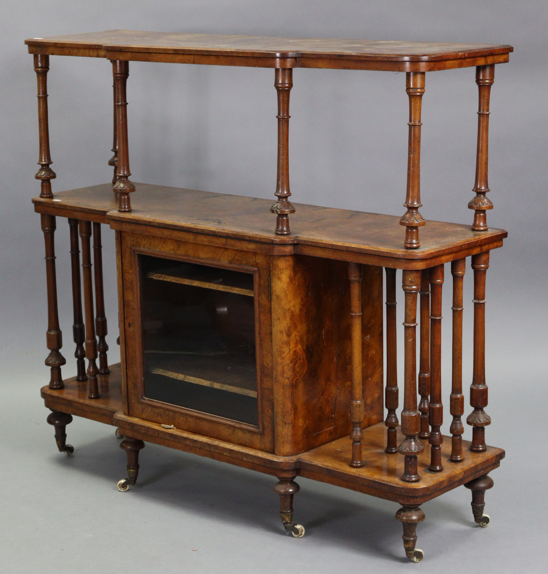 A Victorian inlaid burr-walnut three-tier side cabinet, the open centre with turned supports above a - Image 2 of 3