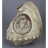 A 19th century cameo-carved large conch shell, the 4½” x 4” oval cameo panel depicting a hunting