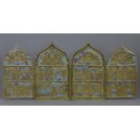 A Russian brass & enamelled quadriptych, with embossed decoration & engraved inscriptions; 16” x 7¼”