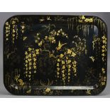 An early Victorian Japanned papier-mache large rectangular tray of black ground with polychrome &