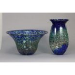 An art glass vase & matching bowl with all-over mottled blue, pale green, & rust-red pattern, the